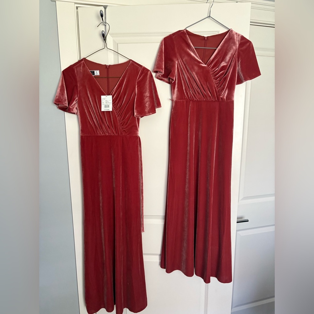 2 David's Bridal Velvet V-Neck Gown so 6 & 10